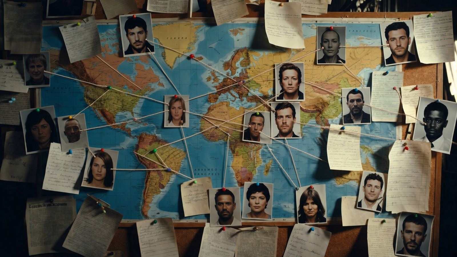 A wall of photographs joined by string