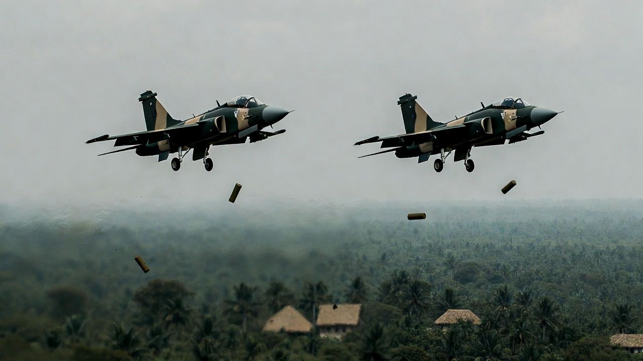 Two aircraft over forest, releasing canisters