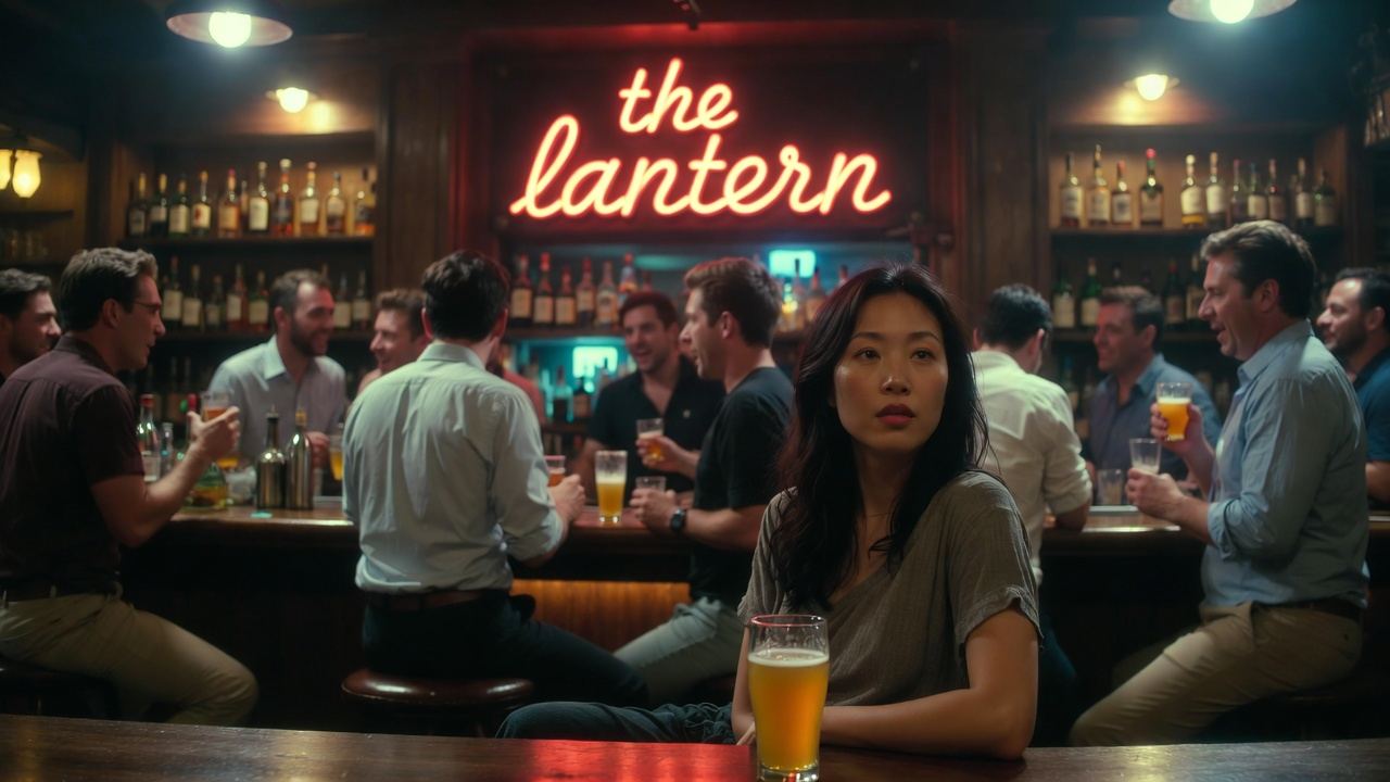 A crowded bar under a neon sign
