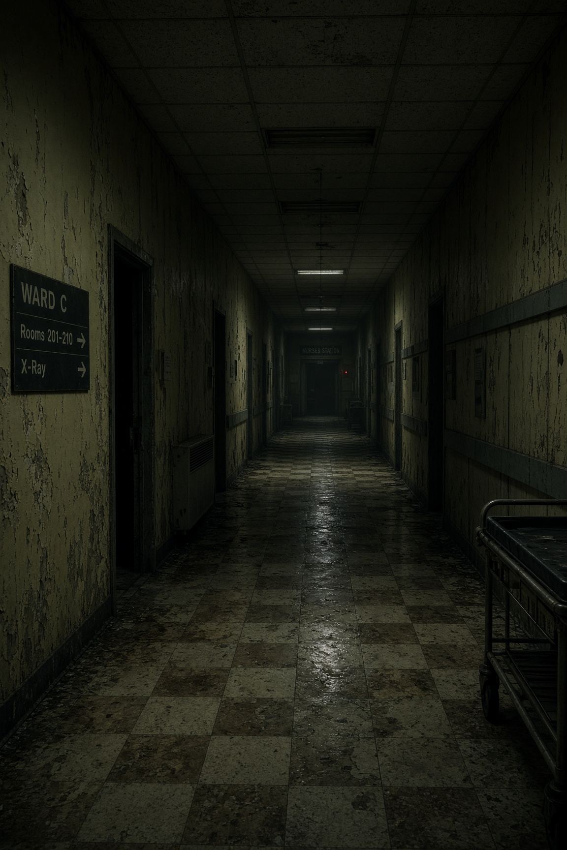 A dark hospital corridor
